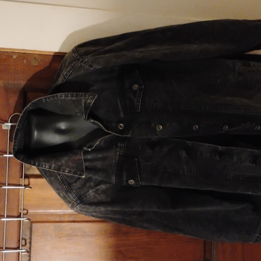 #2. extra long Black blue  age dark wash Denim Jacket 24 inch p2p 44 inches long